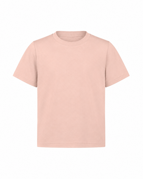 A plain light pink kids' short-sleeve t-shirt with a classic crew neckline, displayed flat against a solid white background.