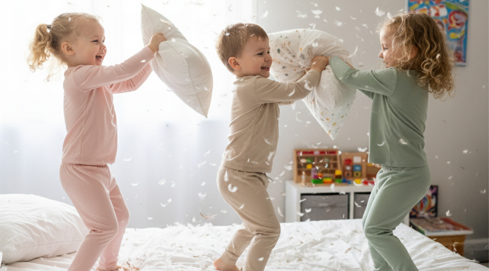 Three children playing with pillows on a bed in a bedroom.