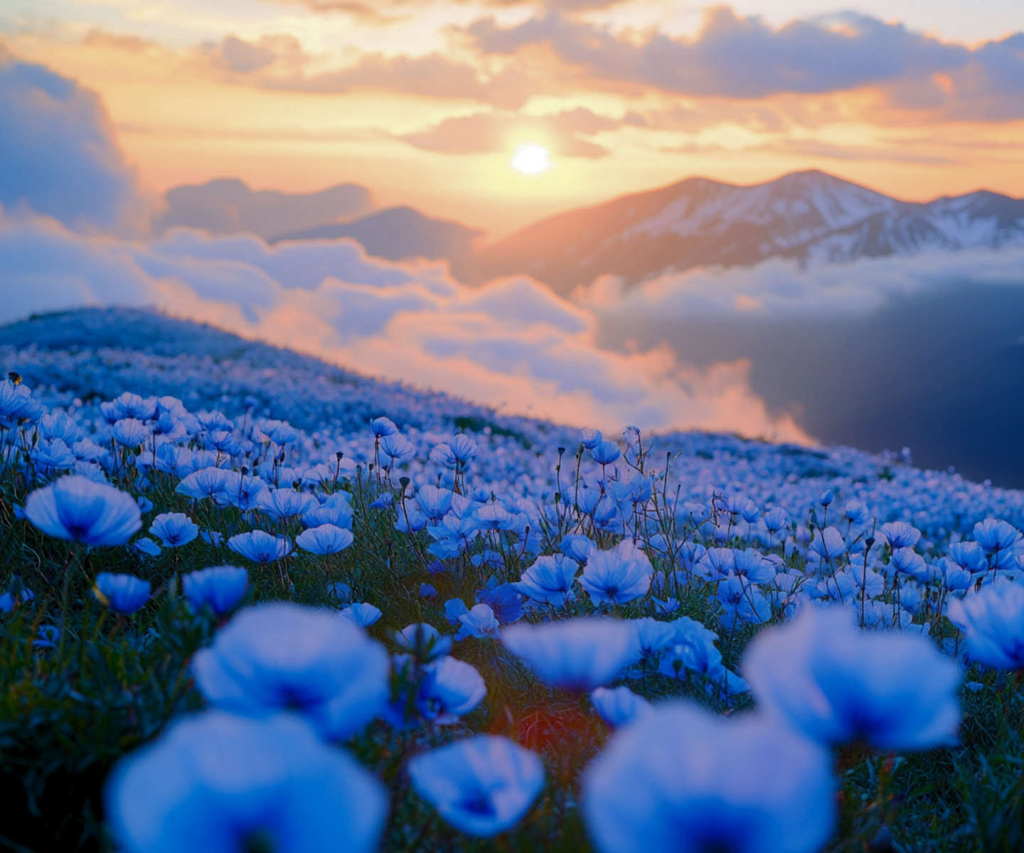 Blue wildflowers blooming in a field at dusk