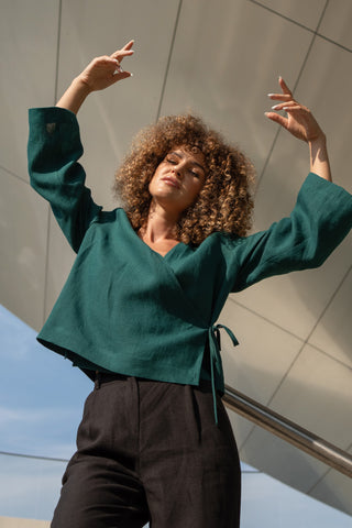 Linen Wrap Top Thea - XS / Dark Green