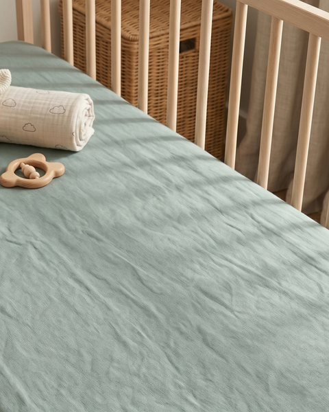 A high-angle view of a light wooden baby crib fitted with a soft mint green, textured linen crib sheet. Sunlight casts striped shadows from the crib slats diagonally across the gently wrinkled fabric. Resting on the sheet in the upper left corner are a cream-colored crocheted bunny, a rolled-up cream muslin blanket with a subtle cloud pattern, and a wooden ring teether. A tall woven hamper and light curtains are visible in the softly blurred background.