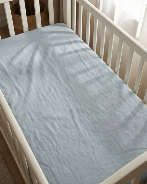 A high-angle view of a white wooden baby crib fitted with a light cloudy-blue, textured linen crib sheet. Soft sunlight shines through a nearby window, casting striped shadows from the crib slats across the softly wrinkled linen fabric. A woven basket is partially visible in the blurred background.