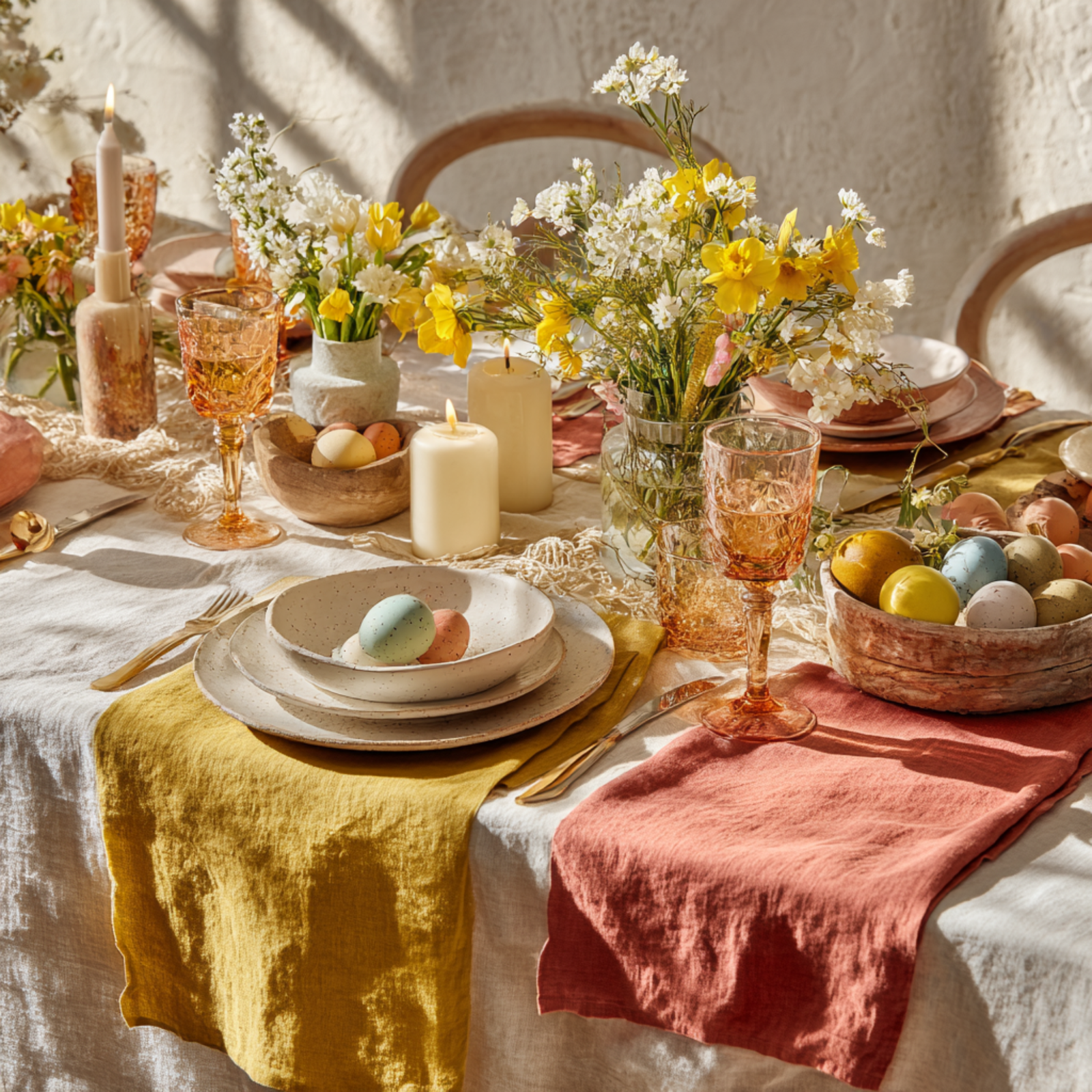 Elegant Thanksgiving dinner table with natural linen tablecloth, mustard yellow linen napkins, roasted turkey centerpiece, and festive autumn table decor.