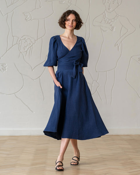 Linen Midi Flowy Skirt Evelyn Storm Blue