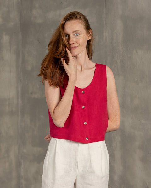 Linen Button Front Crop Top Monica hot pink
