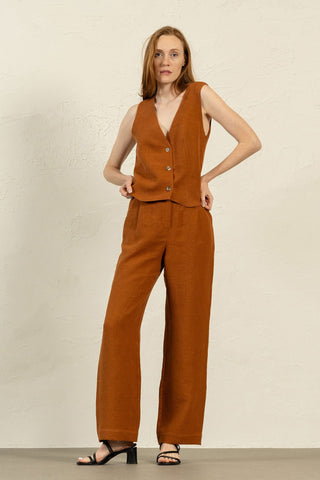 Linen Vest & Wide Leg Pants 2-Piece - XS / Almond Brown