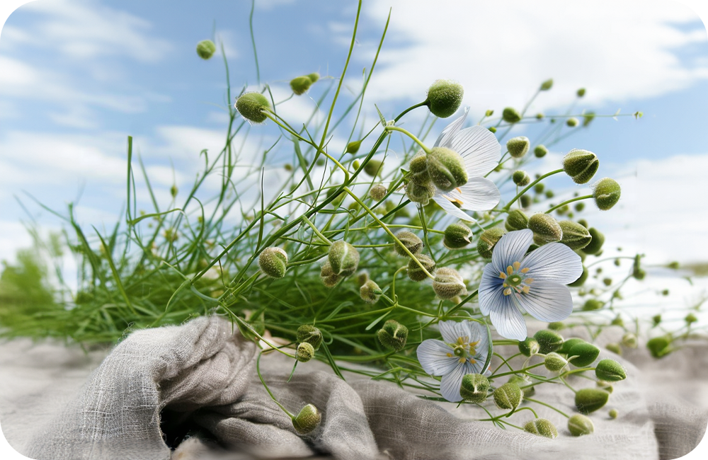 A close-up landscape shot of delicate blue flax flowers and green buds growing in a field, set against a bright, slightly cloudy blue sky.