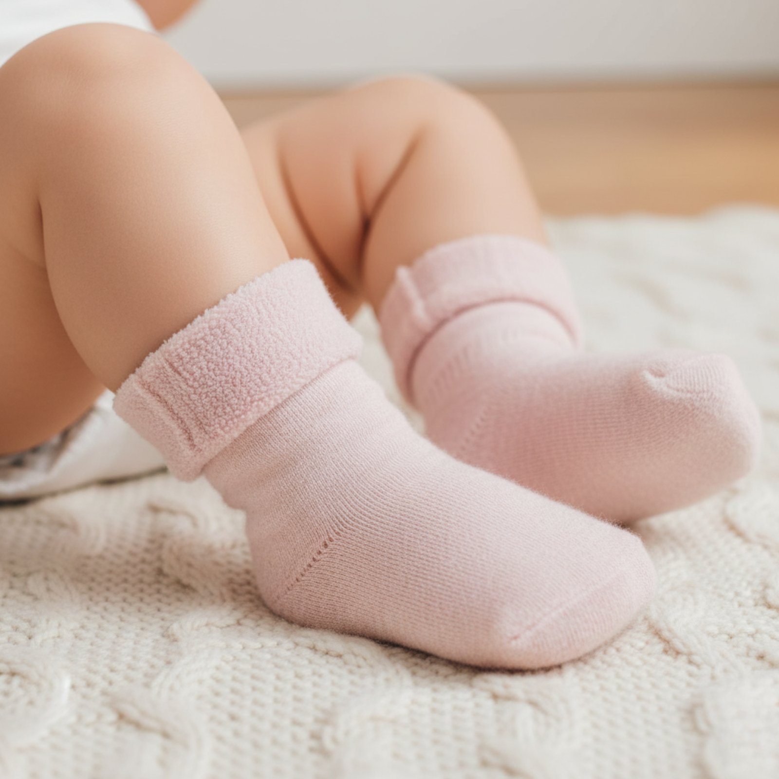 A single light blue fuzzy baby sock with a folded cuff, wrapped in a brown cardboard label that reads "MENIQUE" and "Premium Quality", placed against a plain light gray background.