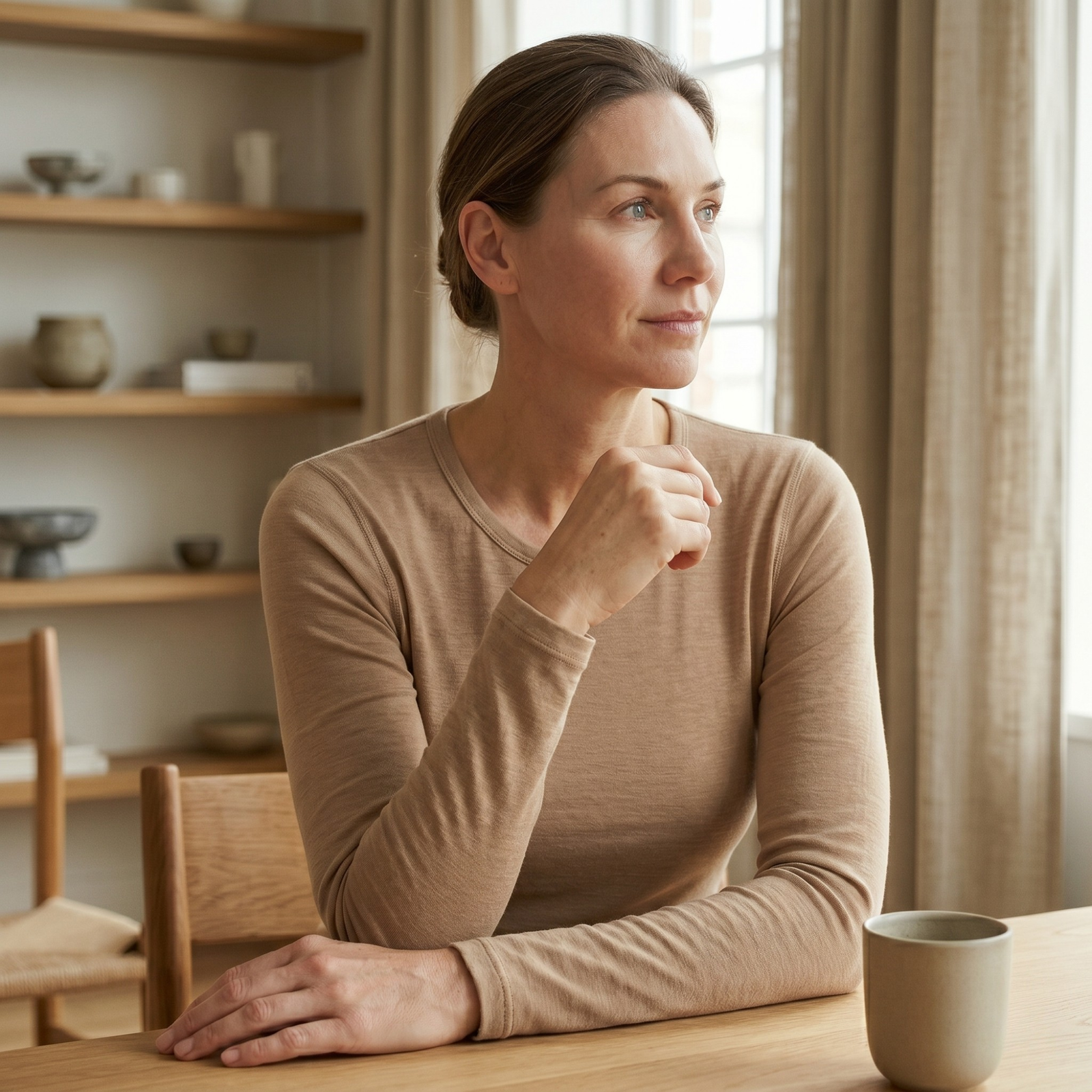 Person wearing a beige outfit sitting cross-legged on a white background