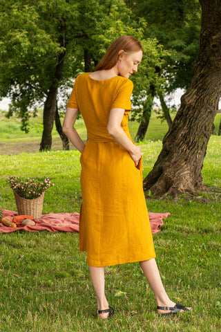Short Sleeve Linen Wrap Dress Milly - XS / Spicy Yellow