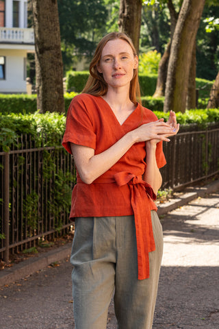 Linen Wrap Blouse Lila - XS / Cinnamon Red
