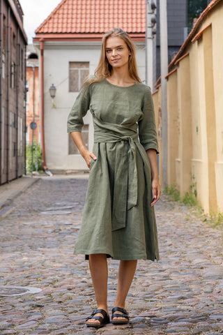 Casual Linen Wrap Dress Miley - XS / Stone Green