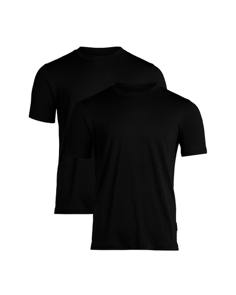 Two men’s short sleeve black Merino wool t-shirts, lightweight 160gsm, classic crew neck, perfect for everyday wear, travel, or layering.