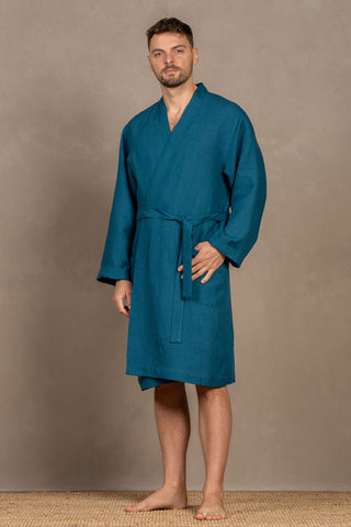 Men's 100% Linen Bath Robe - One Size / Cobalt Blue