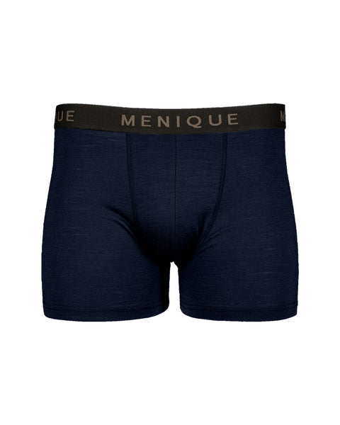 A front-view product shot of men's fitted short boxer briefs in a heathered dark navy blue color, displayed flat against a pure white background. The underwear features a contrasting black elastic waistband with the brand name "MENIQUE" woven in light brown lettering, along with visible front contour seaming.