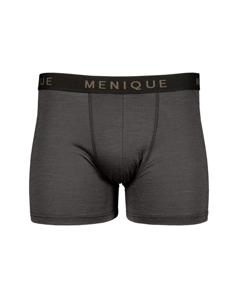 A front-view product shot of men's fitted short boxer briefs in a heathered charcoal grey color, displayed flat against a pure white background. The underwear features a contrasting black elastic waistband with the brand name "MENIQUE" woven in light brown lettering, along with visible front contour seaming.