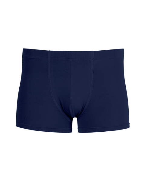 A pair of men's navy blue boxer briefs displayed flat against a solid white background, featuring a supportive front pouch with visible vertical seams and a matching fabric waistband.