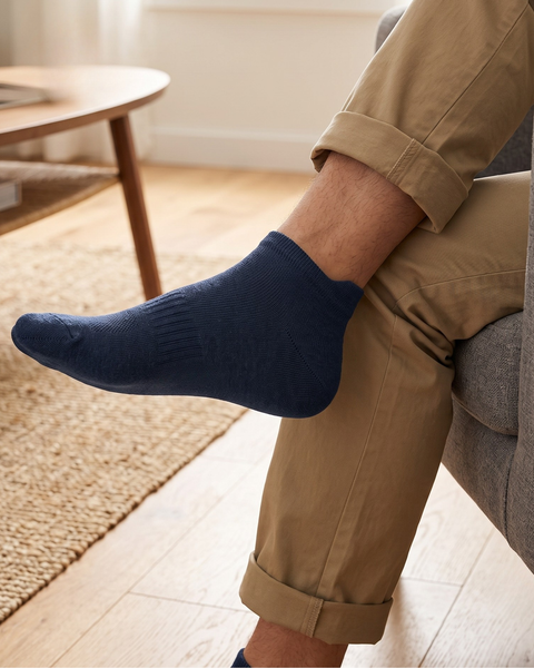 A close-up view of a person sitting on a grey sofa, wearing khaki trousers with rolled hems and dark blue ankle socks. One leg is crossed comfortably over the other knee. The background features a cozy living room setting with a wooden coffee table, a textured rug, and light wood flooring.