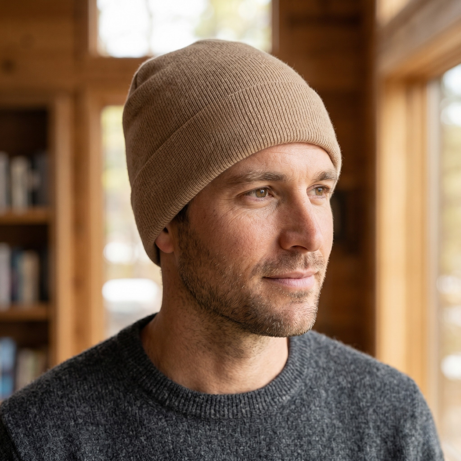 A close-up portrait of a man looking directly at the camera, resting his chin thoughtfully on his hand. He is wearing a dark charcoal black ribbed beanie featuring a small square brown leather logo patch on the side, paired with a dark grey marled crewneck sweater. He is sitting in a brown leather chair in a cozy room with wood-paneled walls and a stack of vintage books behind him.