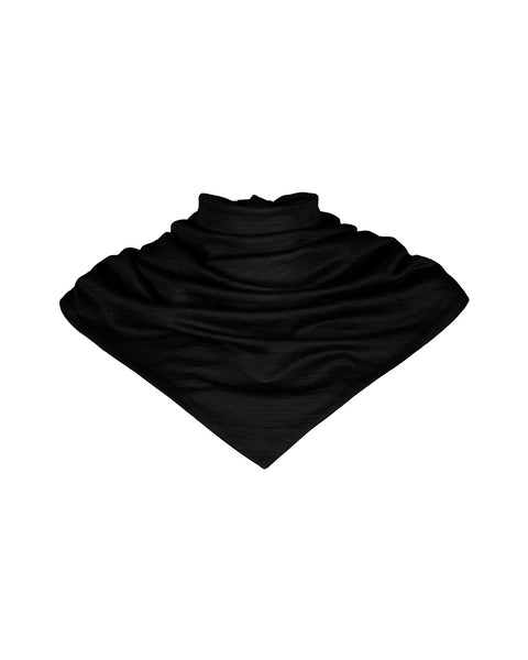 A product shot of a large black fabric bandana, styled to look like a loosely draped neck warmer with a wide, pointed front, presented against a plain white background.