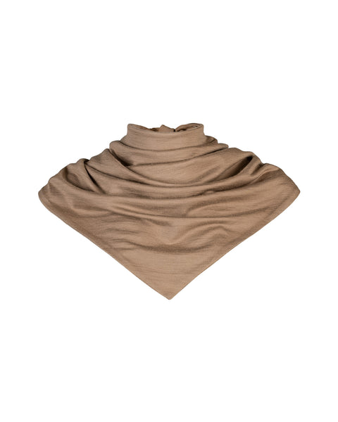 A product shot of a large beige fabric bandana, styled to look like a loosely draped neck warmer with a wide, pointed front, presented against a plain white background.