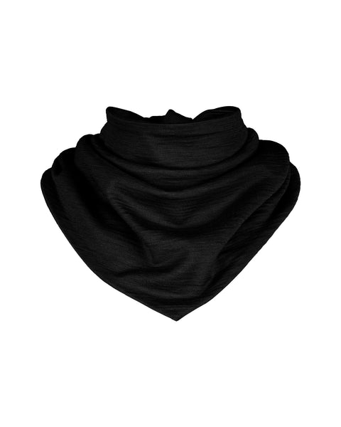 A product shot of a small black fabric bandana, styled to look like a draped neck warmer with a pointed front, presented against a plain white background.