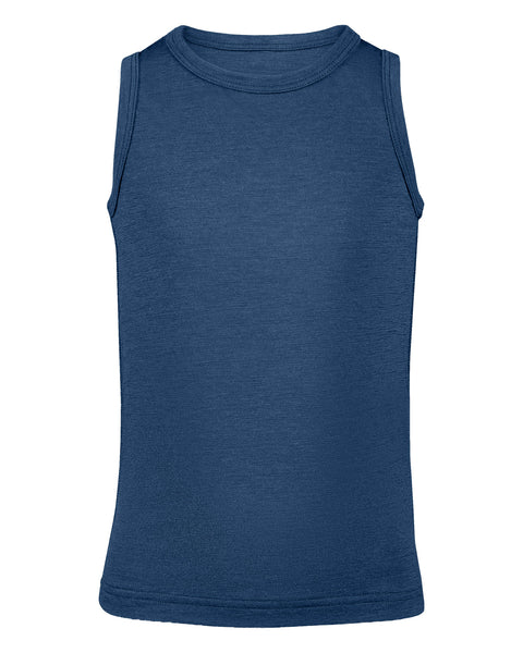 A product shot of a plain denim-blue children's sleeveless tank top laid flat against a plain white background.