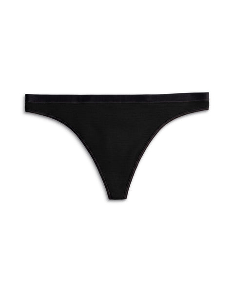 Front view of a women's merino wool thong in solid Black, featuring a black elastic waistband and black trim.