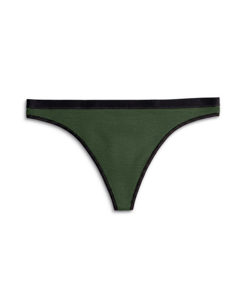 Front view of a women's merino wool thong in Dark Green, featuring a contrasting black elastic waistband and black trim.