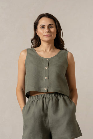 Button Front Crop Top Monica - XS / Stone Green