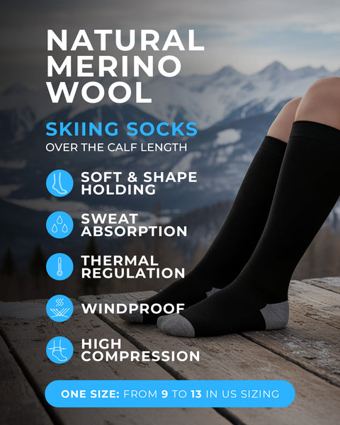 Black merino wool skiing socks with mountain background