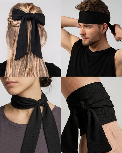 A composite image split into four quadrants, demonstrating different ways to wear a versatile black fabric tie band. The top left quadrant shows the back of a blonde woman's head with the black band tied into a large, elegant bow in her hair. The top right quadrant features a man looking to the left as he ties the black band around his head like a sweatband. The bottom left quadrant shows a close-up of a woman's neck, with the band tied like a chic neckerchief or scarf over a dark grey shirt. The bottom rig