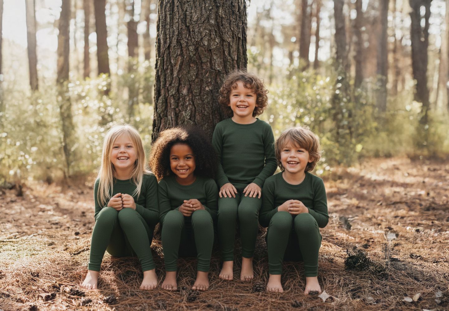 Four children in matching green outfits sitting on the ground in a forest.