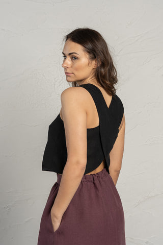 Cross Back Linen Top Serena - XXS / Pure Black