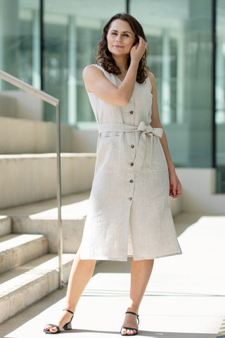 Linen V-Neck Dress With Belt Sierra - XS / Natural