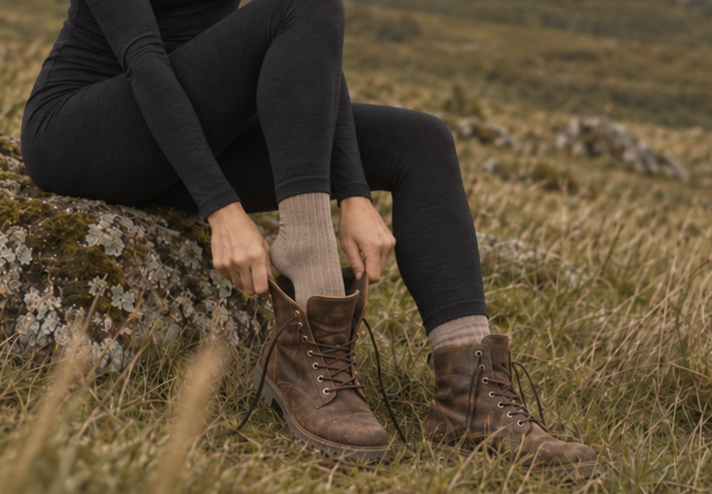 A person wearing black leggings sits on a mossy rock in a grassy field, pulling on a tan ribbed sock before putting on their sturdy brown leather boot. The cropped image focuses on their hands and footwear against a softly blurred natural landscape.