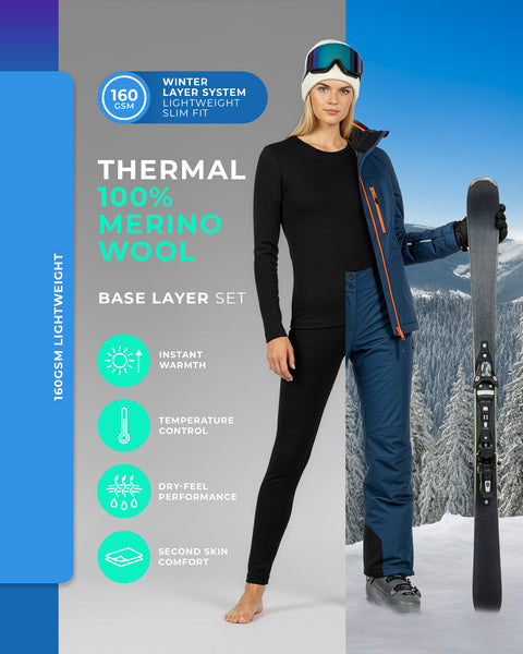 Women’s black 160 GSM merino wool thermal base layer set, lightweight winter underwear for skiing and outdoor activities