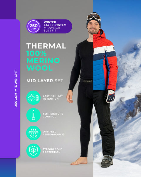 Men’s 250 GSM thermal mid layer set made of 100% merino wool in black, slim fit winter base layer for skiing, outdoor activities and cold weather