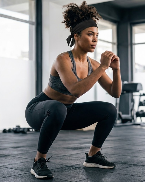 An indoor lifestyle shot of a woman performing a deep squat in a modern gym setting. She is looking focused and straight ahead with her hands clasped in front of her chest. She is wearing a black tie-back headband holding up her curly hair, a heather grey sports bra, black athletic leggings, and black sneakers. Dumbbells and other gym equipment are visible in the softly blurred background.