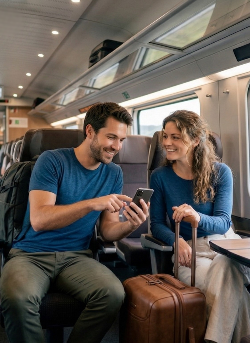 Inside a train carriage, a man in a blue t-shirt smiles broadly as he looks at his smartphone. A woman sitting next to him smiles too, and they share a seat with a brown suitcase between them.
