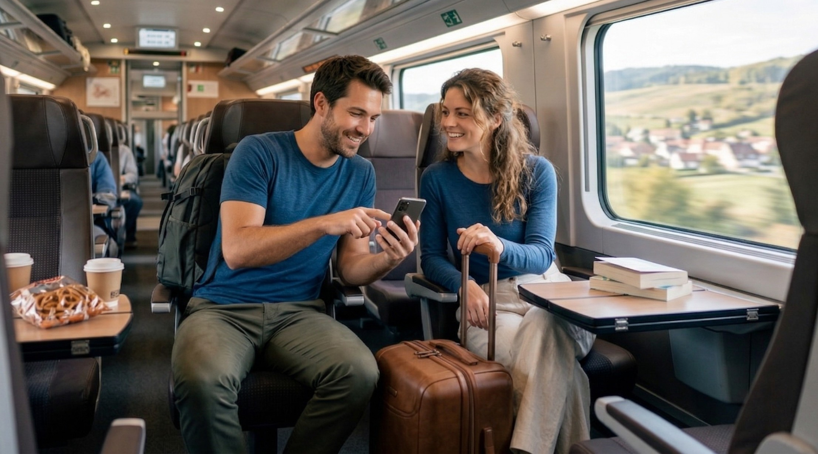 Inside a train carriage, a man in a blue t-shirt smiles broadly as he looks at his smartphone. A woman sitting next to him smiles too, and they share a seat with a brown suitcase between them.