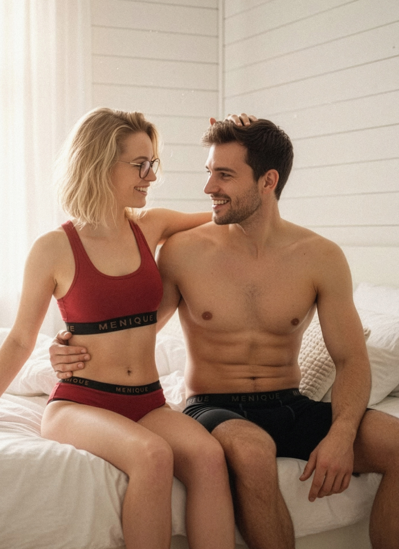 Man and woman sitting on a bed wearing men's underwear, smiling at each other.