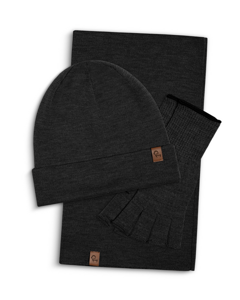 Dark Gray menique knit beanie, neck gaiter, and fingerless gloves set on a white background