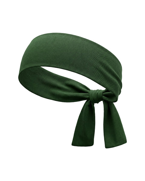 A product shot of a dark green tie headband shown tied in a knot with the ends hanging down. It is displayed against a pure white background.