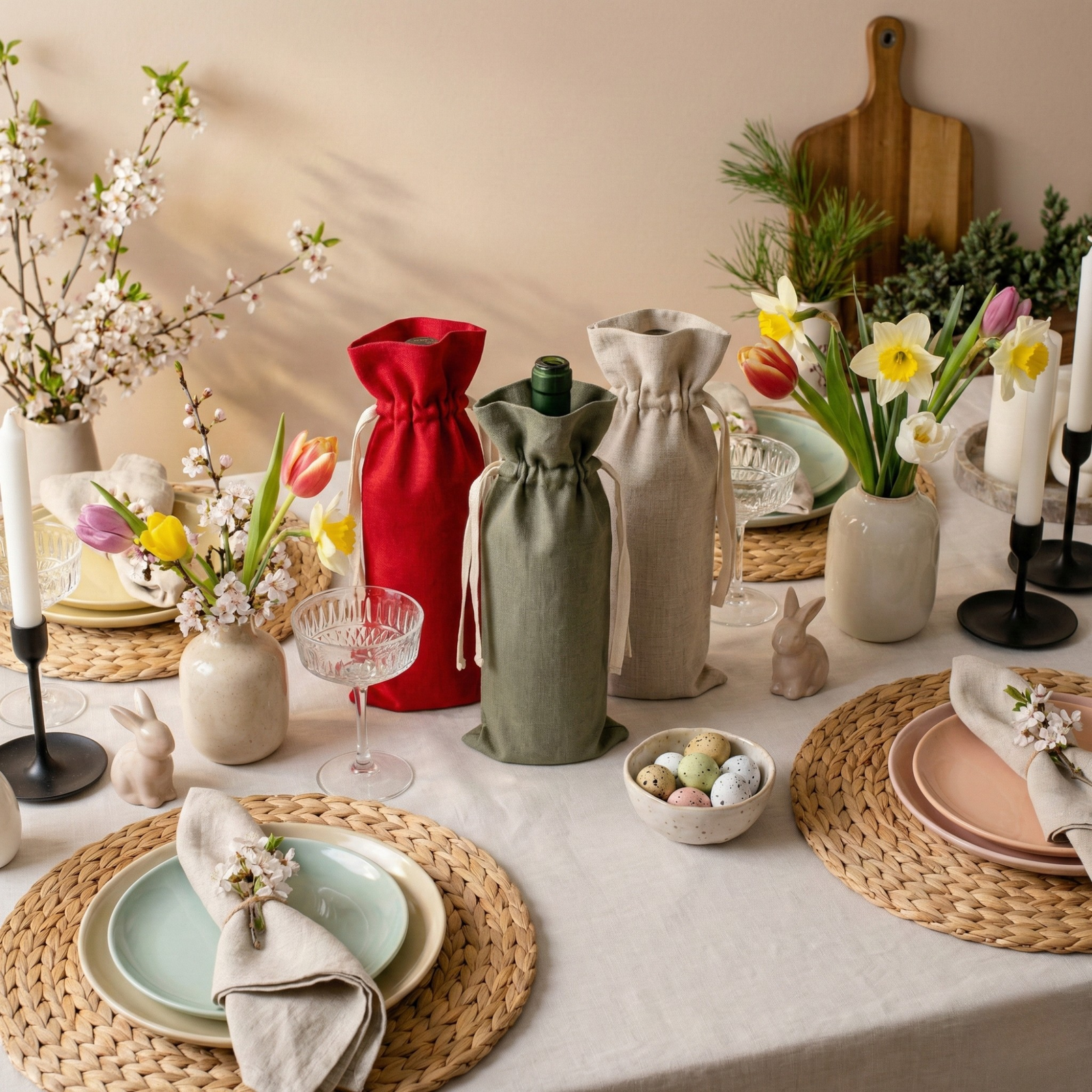 Thanksgiving dinner table with reusable wine bottle bag — eco-friendly fabric wine gift bags in red, beige, and green for holiday hosting.