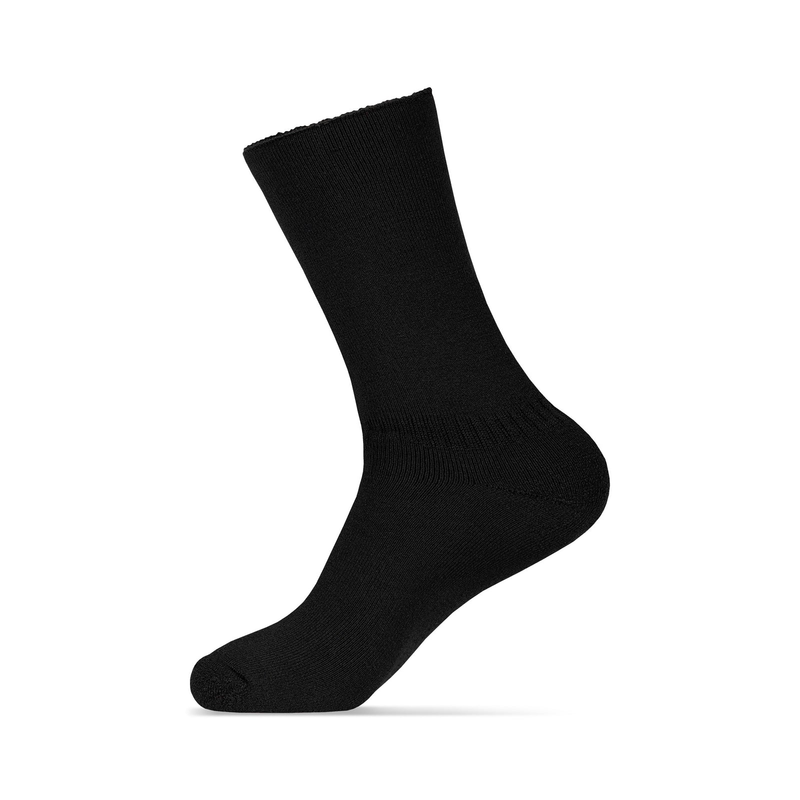 Three pairs of women’s black sherpa fleece socks, folded and wrapped in eco-friendly Menique brown paper bands labeled ‘Premium Quality – Merino Wool.