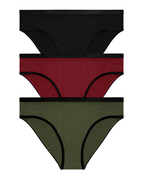 A flat-lay product shot of three pairs of women's bikini-style underwear arranged in a vertical stack against a pure white background. From top to bottom, the colors are solid black, deep red/burgundy, and olive green. All three pairs feature a thin black elastic waistband and black trim around the leg openings.