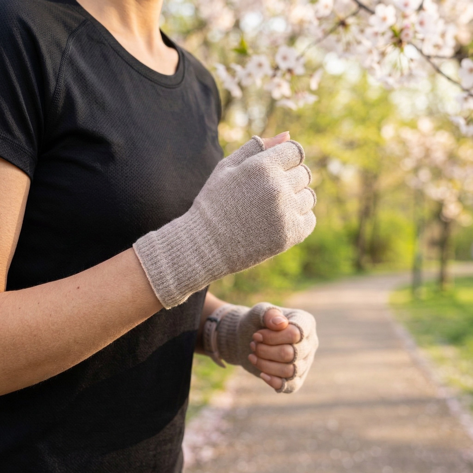 Close-up of a woman’s hands wearing creamy-beige fingerless merino gloves, palms facing inward and fingers visible.