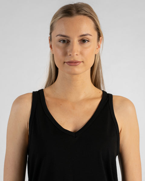 A close-up studio portrait of a blonde woman facing forward and looking directly at the camera. She is wearing a black sleeveless V-neck top against a plain light grey background.
