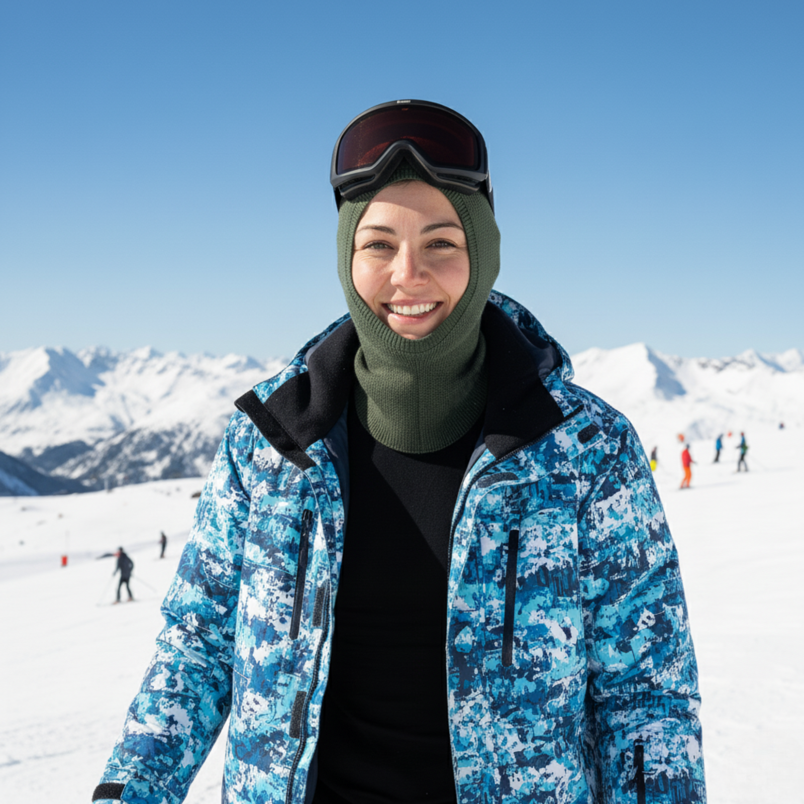 Side profile of woman in dark green knitted Merino wool balaclava with full coverage.